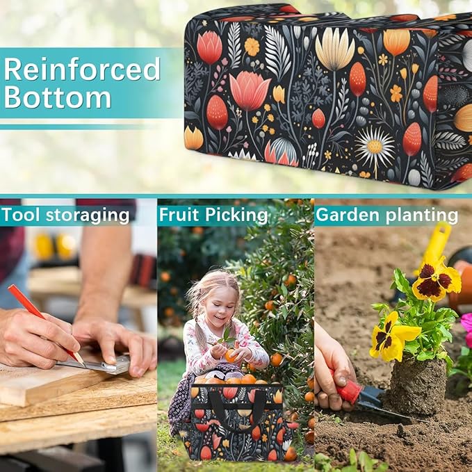 Garden Tool Bag Organizer Garden Tote Bag with Pockets Flowers Buds Leaves Tool Storage Organizer Gardening Tool Kit Holder 13" x 6.8" x 2.8"