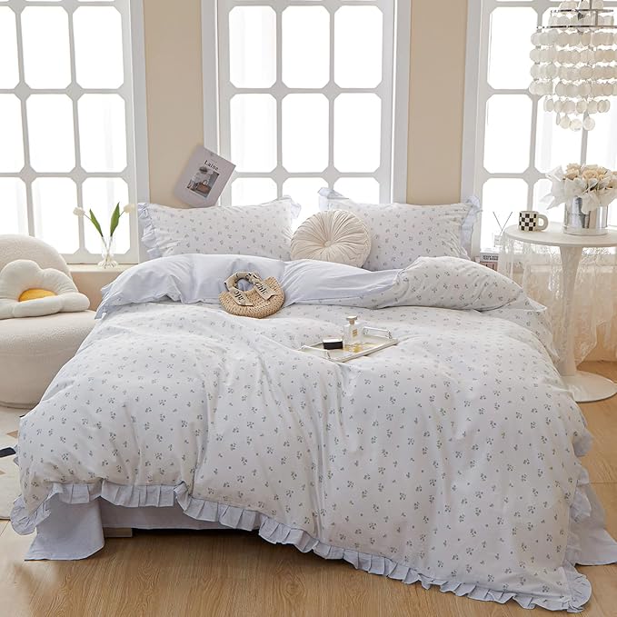 VM VOUGEMARKET Queen Comforter Set Blue Floral Comforter Romantic Girls Ruffle Lace Bedding Set Soft Reversible Lightweight Girls Comforter with 2 Pillow Shams