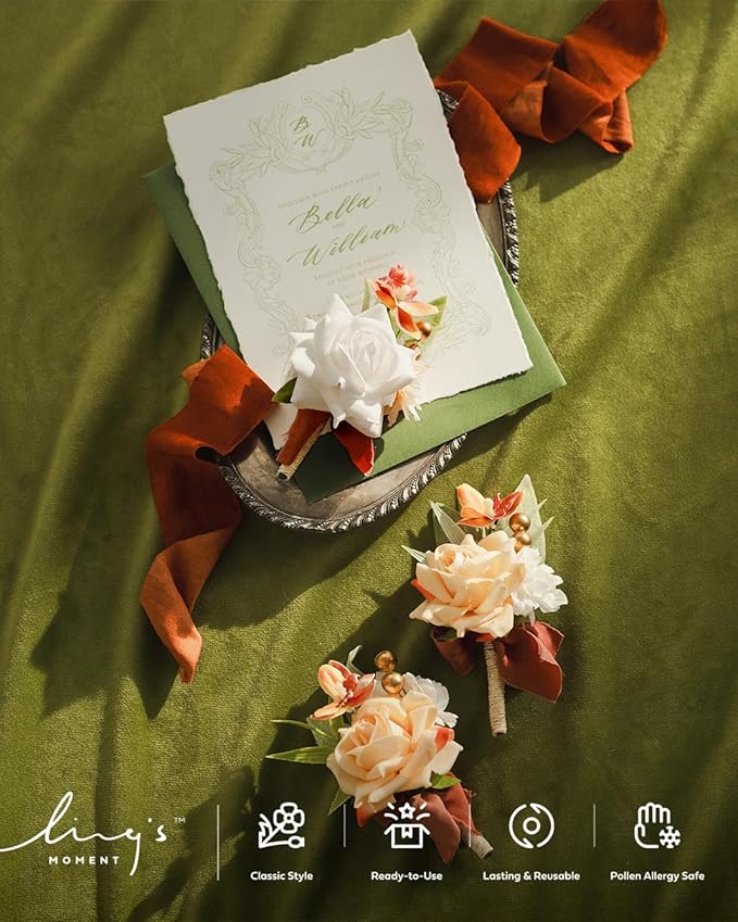 Ling's moment Boutonniere for Men, 6pcs Groom Groomsmen Boutonniere, Artificial Flowers for Wedding Decor/Prom/Homecoming, etc.Terracotta White