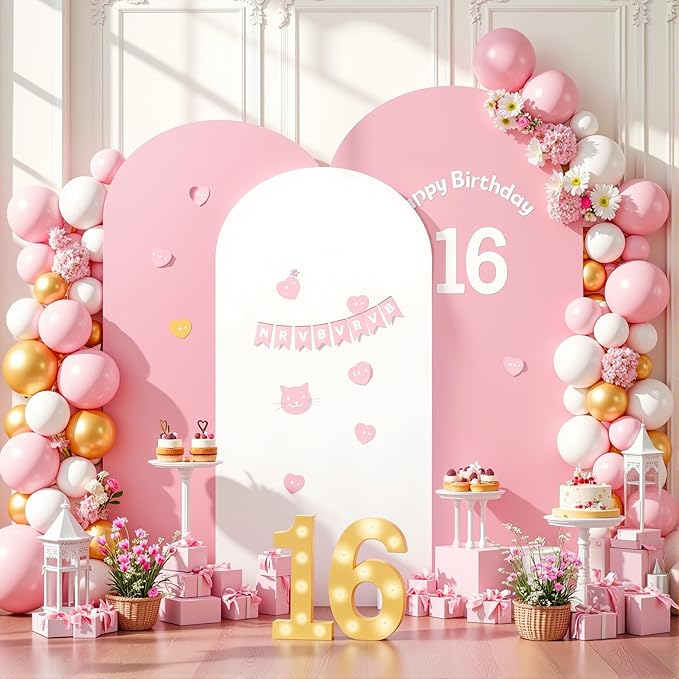 White and Pink Arch Backdrop Cover 6FT 5FT 4FT Arch Covers Stretchy Backdrop Set of 3, Wedding Arch Cover Spandex Fitted Double-Color Fabric Arch Covers for Party Baby Shower Birthday Decoration