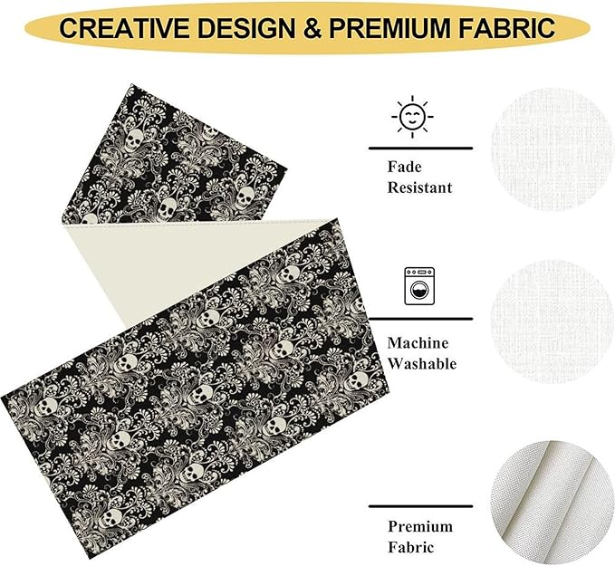 Gothic Table Runner, Black Damask Skull Boho Vintage Art Print Linen Table Center Decor Family Kitchen Outdoor Farmhouse Holiday Party Table Decorations 13x72 inch