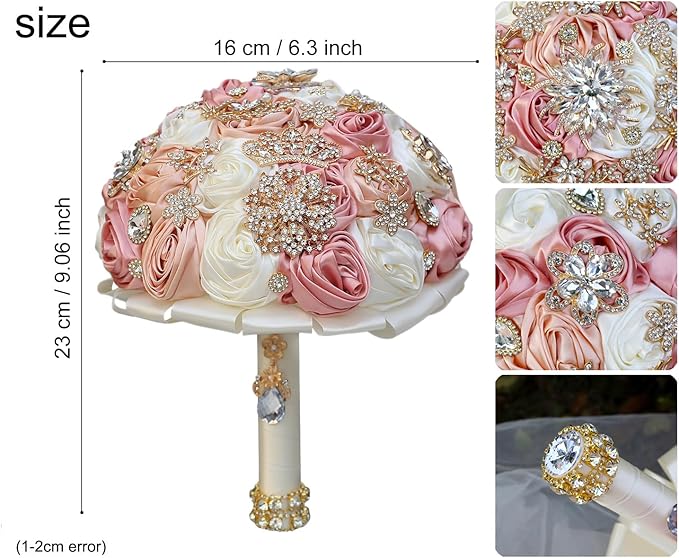 Handmade Satin Rose Floral Bling Pearl Decor Bridal Wedding Bouquet Rhinestone Pendant Artificial Brooch Flowers for Bride Bridesmaid Quinceanera