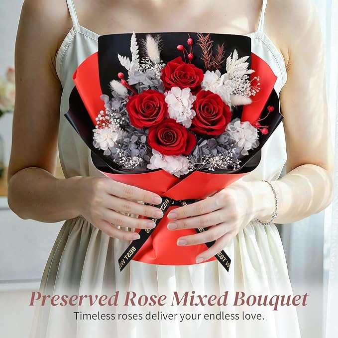 Lewondr Flower for Delivery, Preserved Flowers Bouquet, Red Rose Bouquet with Gift Box, Real Long-Lasting Forever Birthday Flowers Gifts for Wife Girlfriend Mothers Day Anniversary Proposal, White-Red