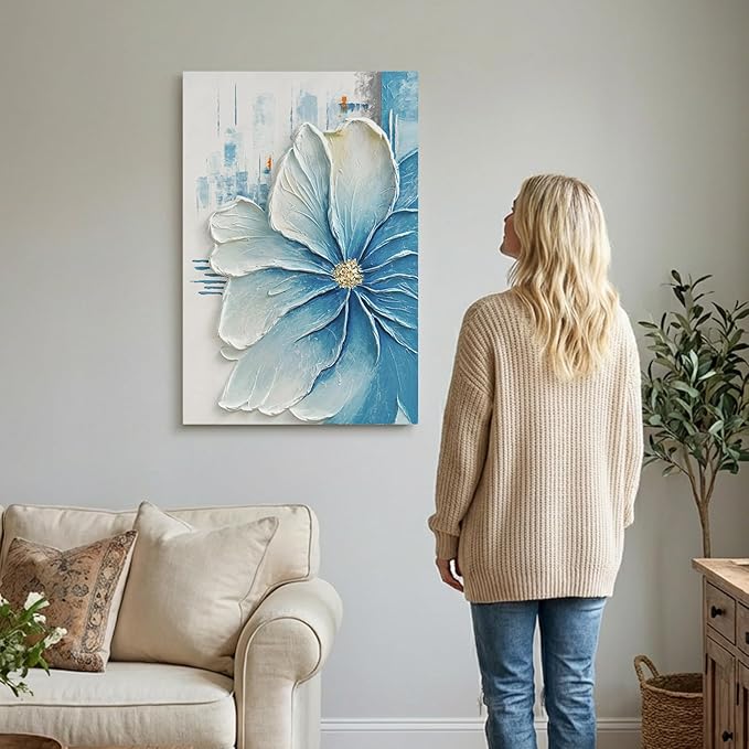 JUHOME Hand-Painted Blue Floral Canvas Wall Art, 24x36 In Thick Textured Abstract Oil Painting, Vertical Modern Artwork for Living Room, Bedroom, Office, Large Original Wall Decor