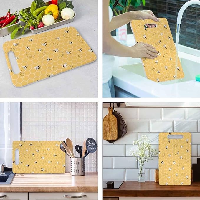 Yellow Bees Cutting Board Honey Honeycombs Cute Animal Grip Handle Chopping Boards Cutting Board for Kitchen Plastic 16" x 10" x 0.24"