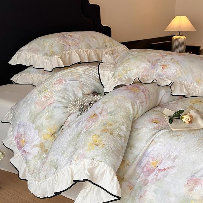 VM VOUGEMARKET Muslin Cotton Duvet Cover Queen Chic Floral Duvet Cover with Romantic Ruffles Soft Linen Like Gauze Comforter Cover with Zip Closure and Corner Ties- 90"x90"