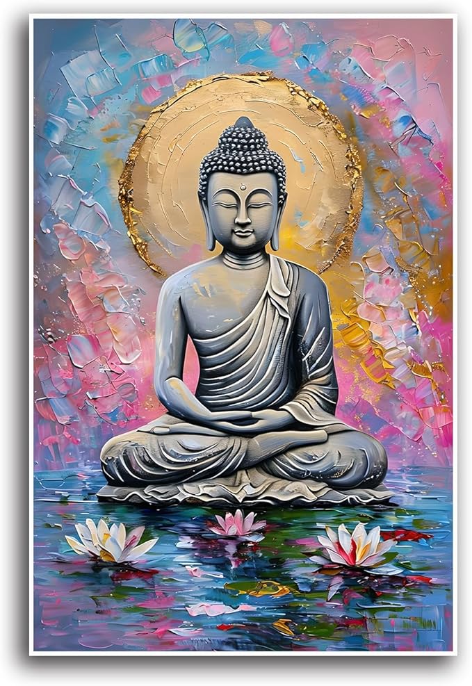 Lotus and golden Buddha meditation tranquil zen wall art mindfulness wall art for spiritual harmony and tranquility decor 28x40in Frameless