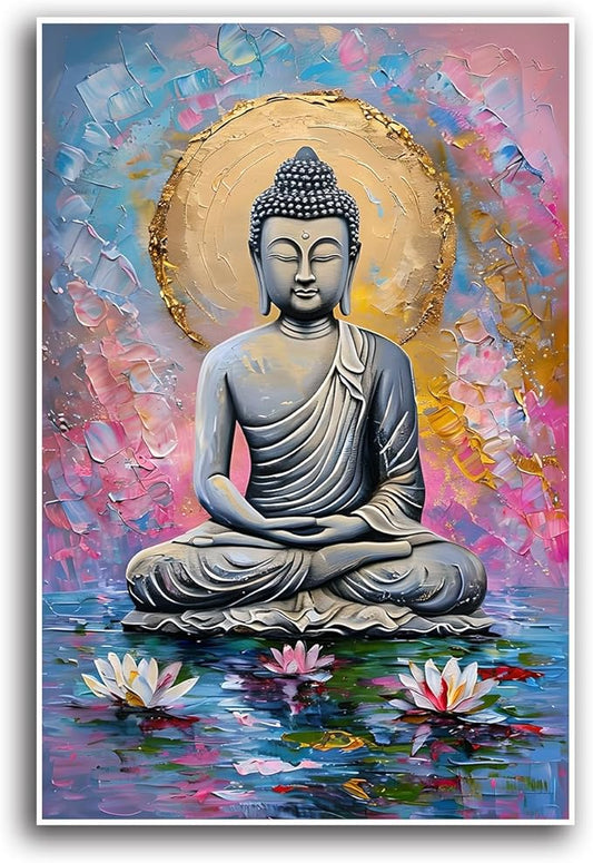 Lotus and golden Buddha meditation tranquil zen wall art mindfulness wall art for spiritual harmony and tranquility decor 28x40in Frameless