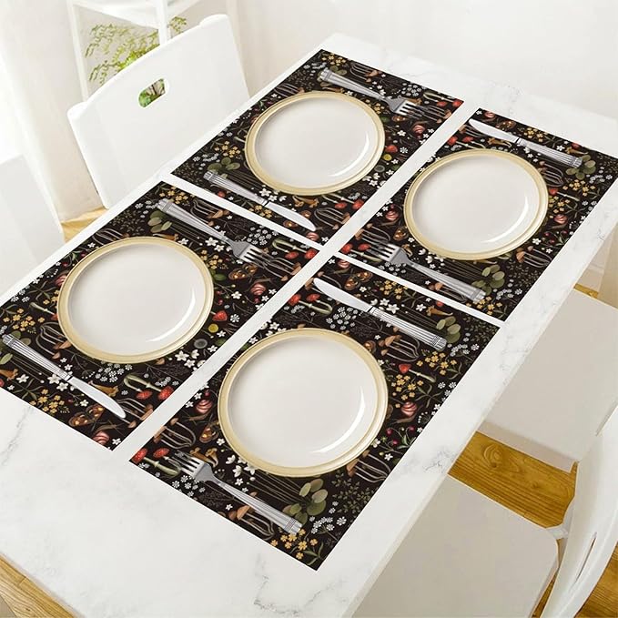 Mushroom Placemats Set of 4,Vintage Forest Moth Table Mats Heat Resistant Washable for Kitchen Dining Table Spring Summer Place Mats Linen 12x18 Inch 4 PCS, Style-4