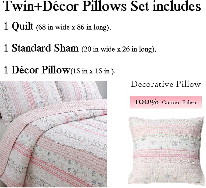Cozy Line Home Fashions Shabby Chic Pink Flower Lace Ruffle Stripe 100% Cotton Reversible Quilt Bedding Set, Coverlet, Bedspread (Pink, Twin -3 Piece: 1 Quilt + 1 Sham + 1 Décor Pillow)