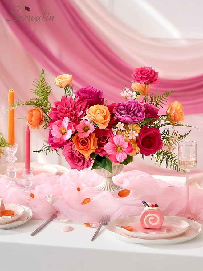 Serwalin Artificial Hot Pink & Orange Flowers, Magenta Silk Fake Flowers, Autumn Faux Flowers for Wedding Bouquet, Table Centerpieces, Home Decor