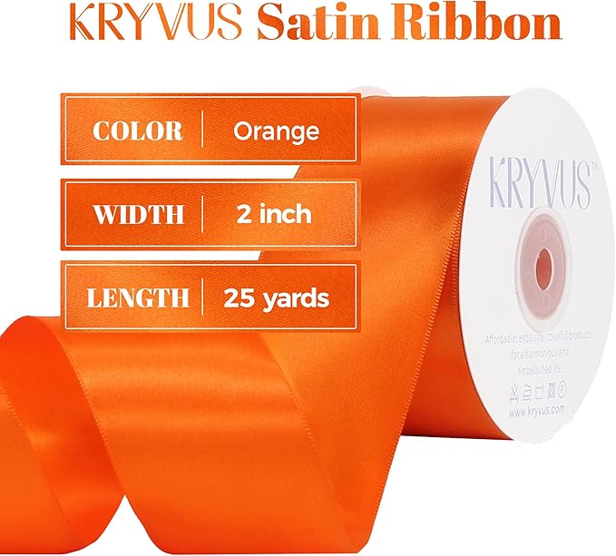 Orange Satin Ribbon, Double Faced 2 Inch X 25 Yards Orange Ribbon, Premium Satin Ribbon for Gift Wrapping, Crafts, Hair Bow Making, Sewing, Flower Bouquet, Wedding Party Decor