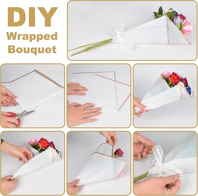 Kosotody 20 Sheets Flower Wrapping Paper Waterproof Florist Bouquet with Ribbon for Bouquets DIY Crafts Packaging Bouquet, 22.8x22.8 inch (White)