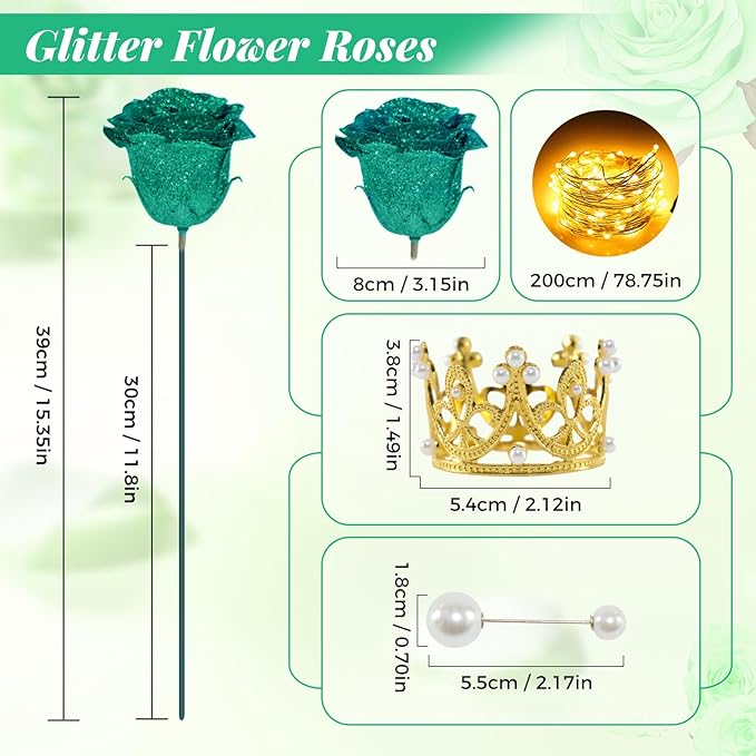 Dark Green Glitter Roses Bouquet, 36 Pcs Shiny Glitter Flowers Bouquet, Everlasting DIY Artificial Roses Bouquet for Christmas, Birthday, Anniversary, Wedding, Engagement
