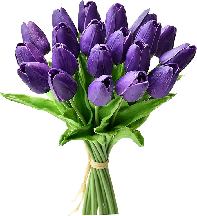 Mandy's Artificial Tulips 20 Stems Dark Purple PU Faux Flowers for Thanksgiving and Christmas Decorations Wedding Home Decor 13.5 Inch