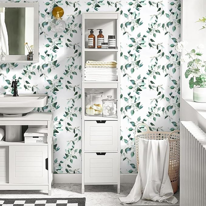 Erfoni Green Leaf Peel and Stick Wallpaper Floral Contact Paper 17.7inch x 118.1inch Vintage Flower Tropical Self Adhesive Removable Wall Paper Bathroom Kitchen Cabinets