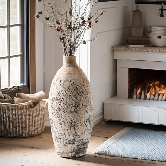 ALMA Handmade Pinky Beige Textured Vase 18 Inch Tall|Large Rustic Floor Vase for Pampas Grass|for Modern Farmhouse Decor, Living Room,Entryway Table Decor