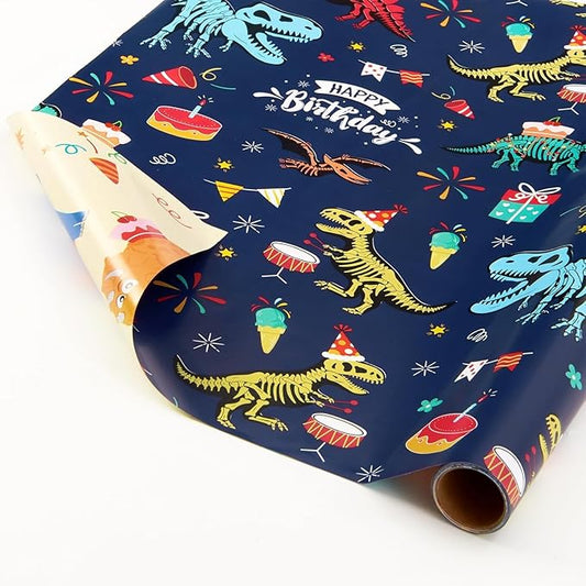 WERNNSAI Dinosaur Reversible Wrapping Paper Roll - 1 Roll 17”x 9.84 ft Happy Birthday Dinosaur Wrapping Paper for Boys Birthday Gift Packing Supply Baby Dino Decor Favor