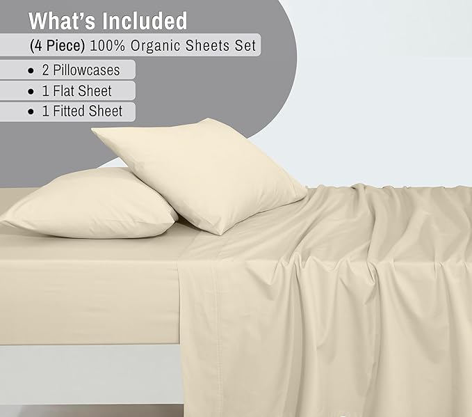 RUVANTI 100% Organic Cotton Sheets Queen Size, Percale Weave, GOTS Certified, 4-Piece Set, Deep Pocket 15", Crisp & Breathable, Soft Durable Bedding, Sábanas Algodón Orgánico – Cloud Cream