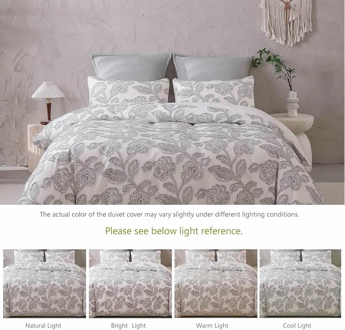 meadow park Cotton Clipped Jacquard Duvet Cover Set Queen, 3 Pieces Jacobean Floral Bedding Set (Grey, Queen)