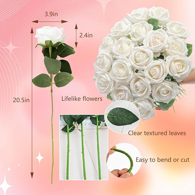20 Pcs Artificial White Roses, Real Touch Silk Flowers for Wedding, Home Décor, Centerpieces, Bouquets & Valentine’s Day Arrangements (20, White)