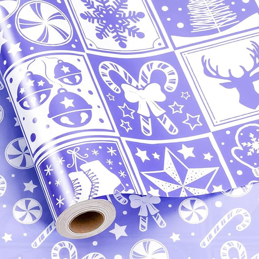 MAYPLUSS Christmas Wrapping Paper Roll, Light Purple Wrapping Paper, Girly Bell, Tree, Candy Canes Christmas Themed Wrapping Paper for Girl Holiday Gift Packaging (17 Inch X 16.5 Feet)