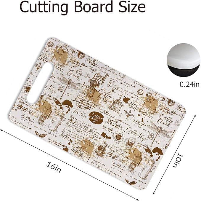 Coffee House Cutting Board Vintage Style Tea Coffee Theme Dragonflies Grip Handle Chopping Boards Cutting Board for Kitchen Plastic 16" x 10" x 0.24"