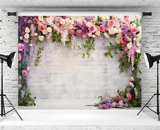 9x6ft Wedding Backdrop Rustic White Brick Wall Flowers Photography Background Bridal Shower Wedding Party Adults Portraits Decoration Supplies Photo Booth Props