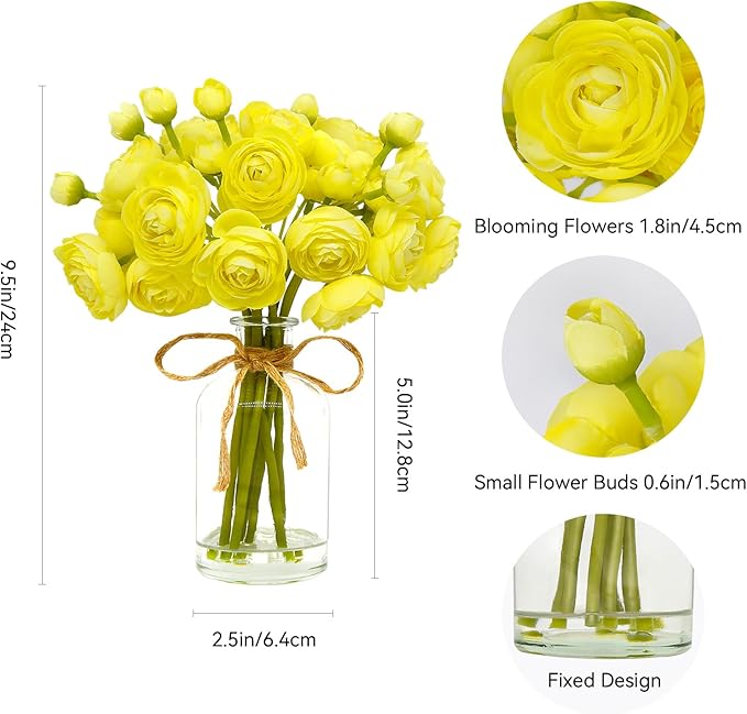 Ranunculus Artificial Flowers with Vase, 8 Pcs Faux Silk Ranunculus Flower in Vase, Small Flower Arrangements for Home Decor Indoor, Table Centerpiece. (Bright Yellow)