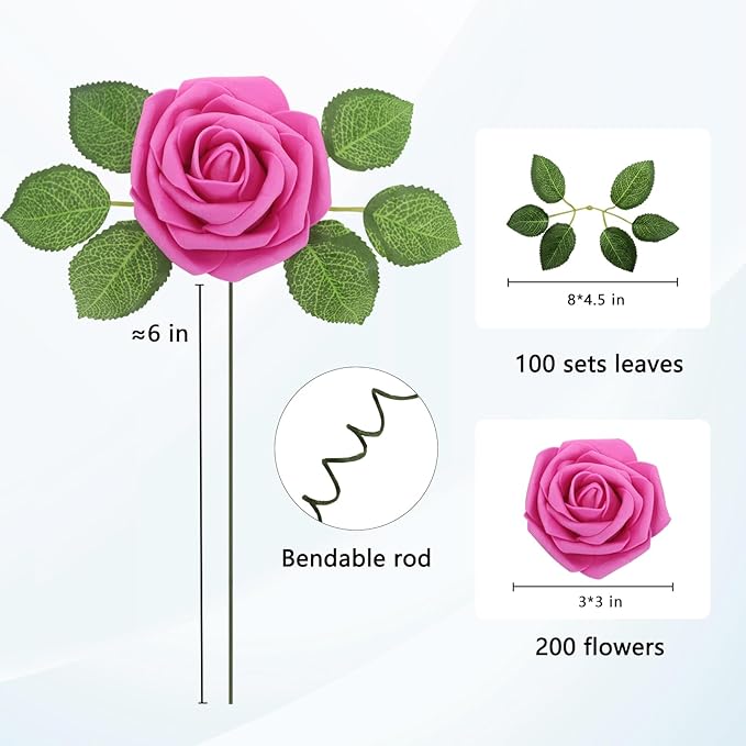 JOYLEX Artificial Flowers Realistic Roses, Real Looking Fake Roses with Stem for DIY Wedding Bouquets Centerpieces Bridal Shower Party Home Romantic Decorations (Hot Pink, Regular 3" - 200pcs)