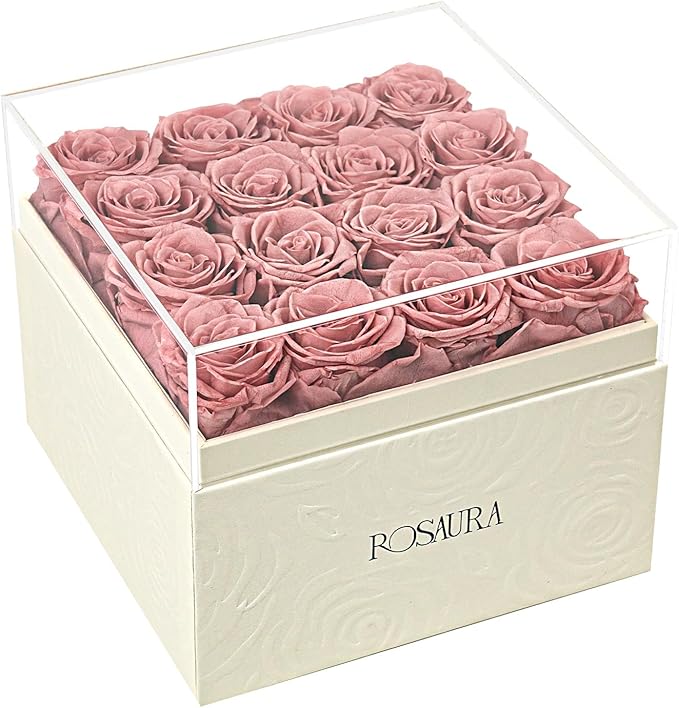 Rosaura Square Preserved Roses Gift Box - Real Forever Flowers in Clear Acrylic Lid, Valentine's for Women (Cappuccino, 16 Roses)