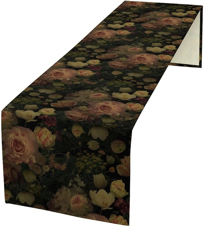 Vintage Floral Table Runner,Pink Flowers Rose Gothic Print Table Runner for Home Kitchen Table Dining Indoor Outdoor Party Decor 13x90 Inch