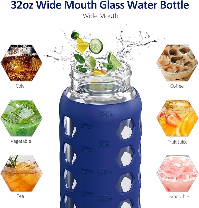 MUKOKO 32oz Glass Water Bottles with 2 Lids-Handle Spout Lid&Bamboo Straw Lid, Motivational Water Tumbler with Time Marker Reminder and Silicone Sleeve, Leakproof-Blue-1 Pack