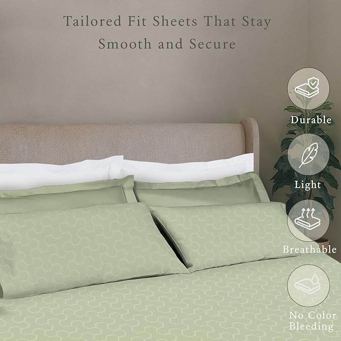 Threadmill 500 Thread Count Queen Size 4 Pc Luxury Cotton Bedding Set, Jacquard Floria Sage Green, Silky Smooth Sheets with 16" Elasticized Deep Pocket, 2 Pillowcases & Free Tote Bag