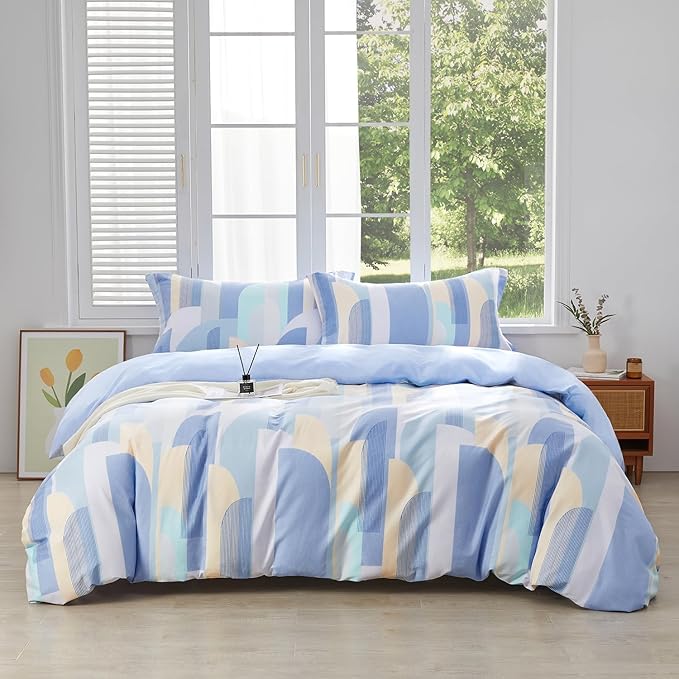 SAPHREAS Blue Geometric Pattern Duvet Cover Set 2pcs Twin Size 100% Cotton Colorful Blocks Bedding Comforter Cover Set 1 Duvet Cover 1 Pillow Case