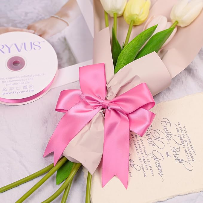 Hot Pink Satin Ribbon, Double Faced 1-1/2 Inch X 25 Yards Hot Pink Ribbon, Premium Satin Ribbons for Gift Wrapping, Crafts, Hair Bow Making, Sewing, Flower Bouquet, Wedding Party Decor