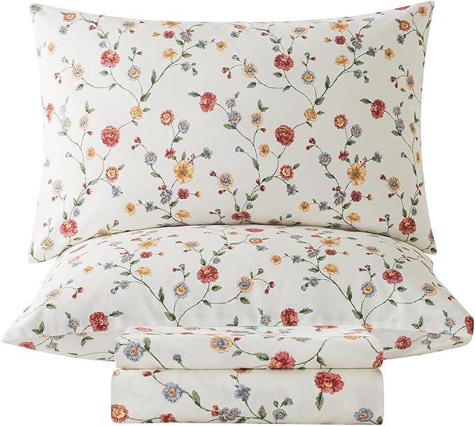 Zusbest California King Size Sheet Sets 100% Percale Cotton Off White Floral Bed Sheet, Brushed for Extra Softness, Breathable Flannel Sheets Like Pink Flower Print Deep Pocket Sheets 17.5'' 4 Pcs