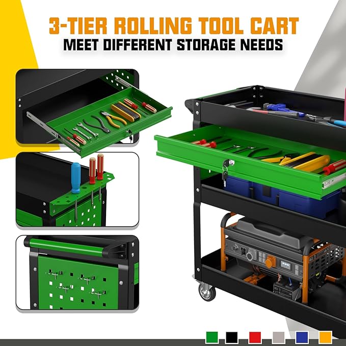 3 Tier Rolling Tool Cart on Wheels, 450 LBS Capacity Tool Cart with Drawers, Heavy Duty Rolling Utility Cart on Wheels, Rolling Work Carts for Garage, Warehouse and Repair Shop,Black Green