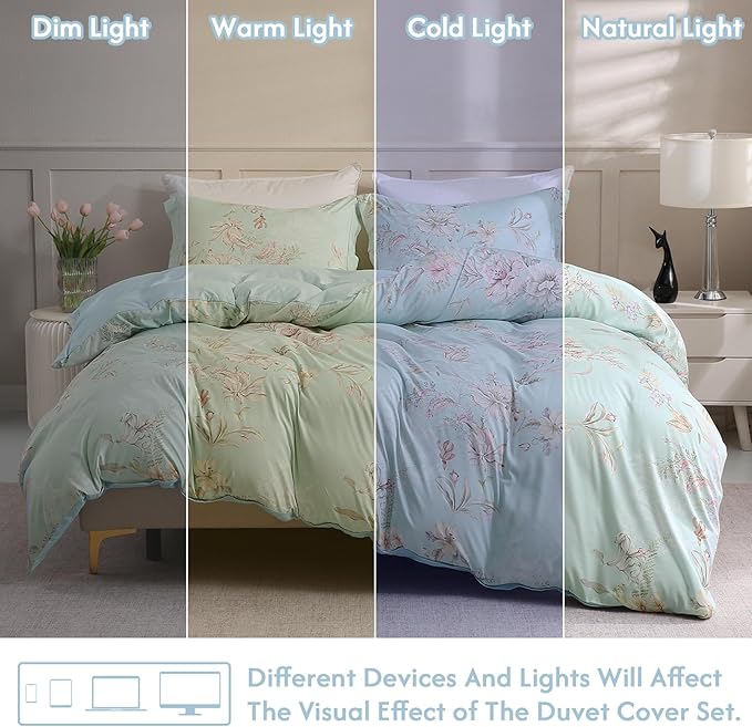 LONAVA Queen Flower 3 Pcs Duvet Cover Set, Breathable Soft Microfiber Light Blue Lining Comforter Cover with Zipper Closure, and 2 Anti-Pilling, Fade Resistant Pillowcases, Mint Flower
