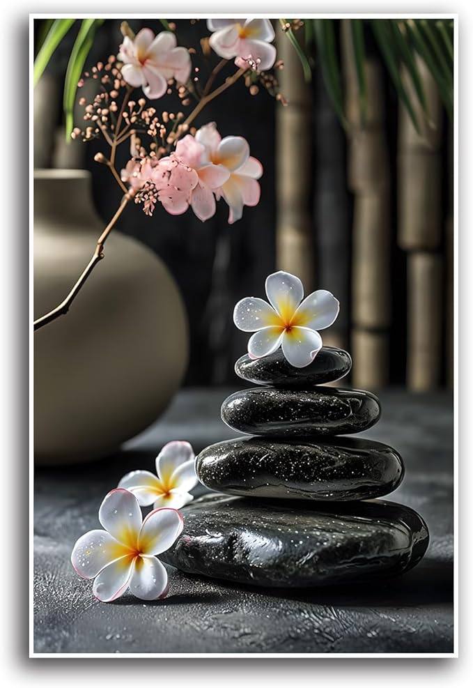 A harmonious black stone stack paired with white and pink flowers bamboo and ceramic vases creates a tranquil Zen decor for minimalist homes and mindful spaces 12x18in Frameless