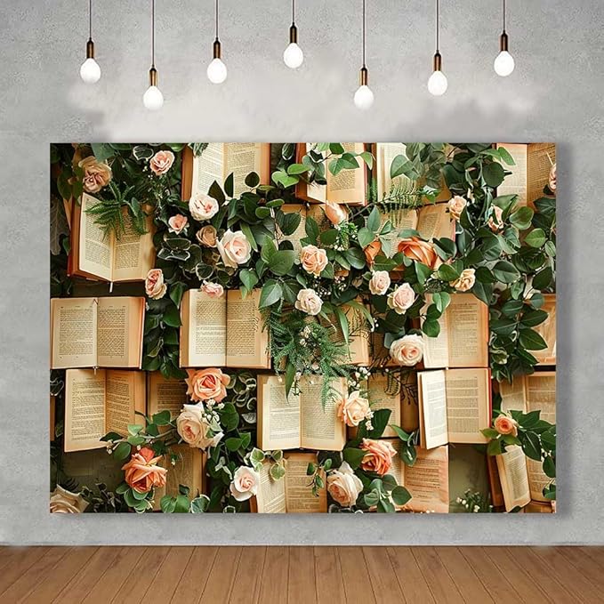 7x5FT Vintage Bookshelf Backdrop for Photography Pink Rose Flowers Green Leaves Book Page Background Wedding Bridal Shower Kids Birthday Party Banner Supplies KUBDJ977