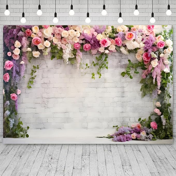 20x10ft Retro White Brick Wall Floral Backdrop Vine Leaves Rose Flowers Photography Background Bridal Shower Wedding Party Birthday Banner Decorations Adults Portrait Photo Booth Prop