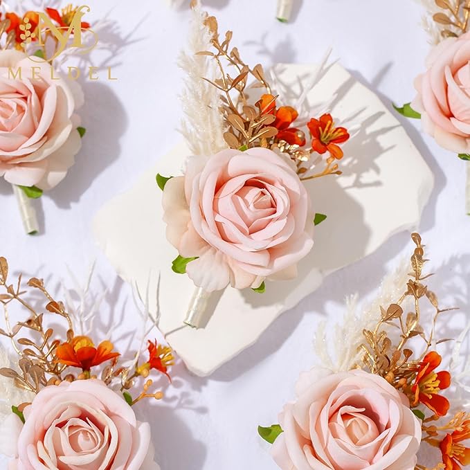 Meldel Pink Wrist Corsage and Boutonniere Set, Flower On Wrist for Bride Bridesmaid Wedding, Boutonniere for Men Groom Groomsman Wedding Accessories Prom Party Suit Decorations