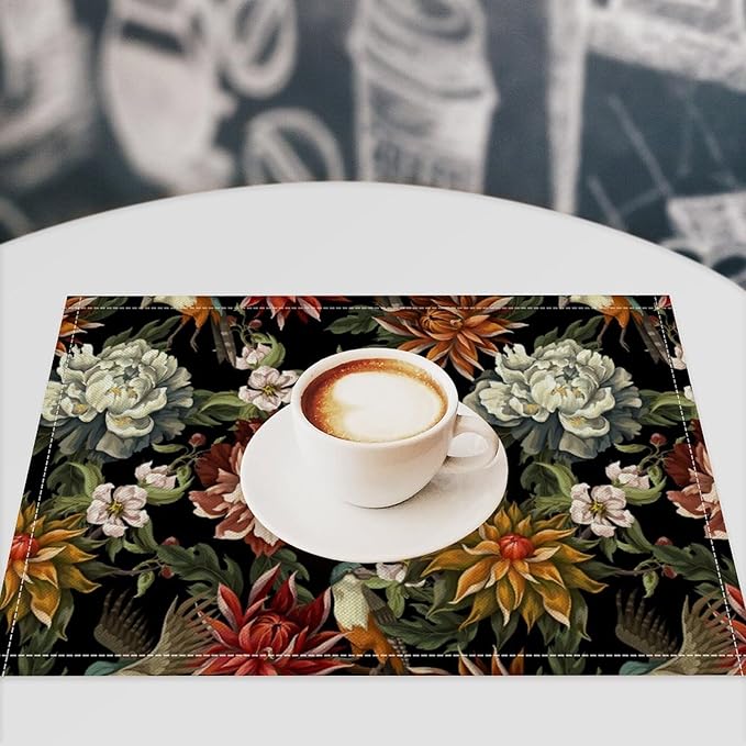 Vintage Floral Placemats Set of 8, 17x12 Inch Colorful Flowers Birds Green Leaves Black Retro Aesthetic Art Print Table Mats for Home Party Kitchen Dining Decor
