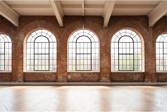 Large Empty Room Backdrop Concrete Walls Wooden Floor with Big Arched Windows Photography Background Empty Loft Style with Brick Wall Photography Decorations Photo Booth Shoot Studio Props 10x6.5ft