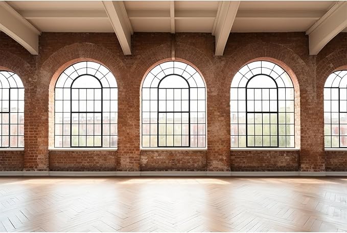 Large Empty Room Backdrop Concrete Walls Wooden Floor with Big Arched Windows Photography Background Empty Loft Style with Brick Wall Photography Decorations Photo Booth Shoot Studio Props 15x8ft