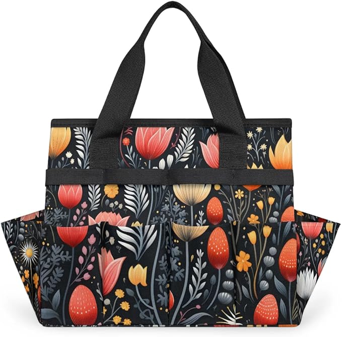 Garden Tool Bag Organizer Garden Tote Bag with Pockets Flowers Buds Leaves Tool Storage Organizer Gardening Tool Kit Holder 13" x 6.8" x 2.8"