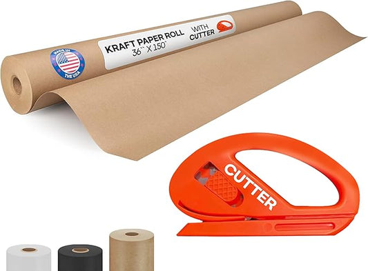 Brown Kraft Paper Roll 36" x 1800" (150 feet) with Cutter - USA-Made Quality Paper 50lb Thickness for Wrapping, Packing, Moving, Shipping, & Crafts/Arts - Natural Kraft Material by IDL Packaging