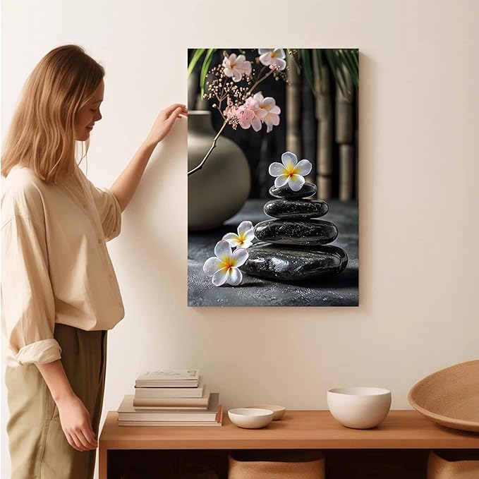 A harmonious black stone stack paired with white and pink flowers bamboo and ceramic vases creates a tranquil Zen decor for minimalist homes and mindful spaces 12x18in Frameless