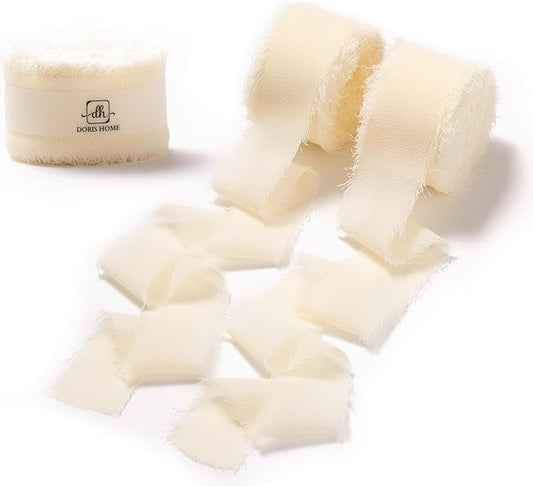 DORIS HOME 1" x21Yd Chiffon Ribbon for Flower Bouquet, Ivory Fabric Ribbon for Gift Wrapping, Handmade Frayed Ribbon for Wedding Invitations/Christmas Decorations